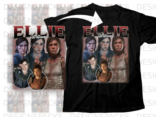 Black t-shirt with graphic featuring Ellie Williams from The Last of Us.