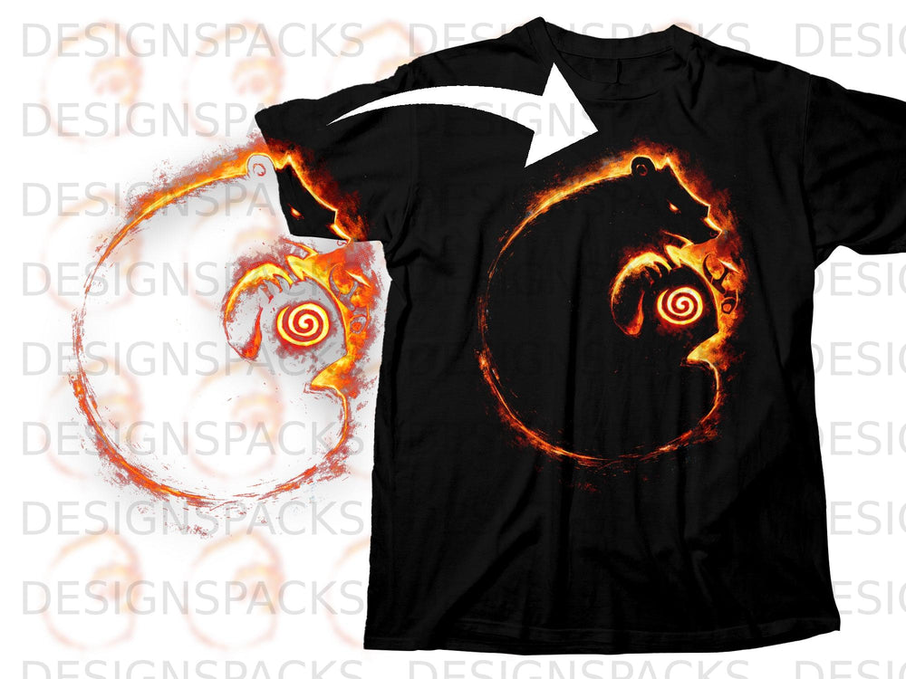 Black t-shirt with a fiery bear design encircling a spiral symbol.