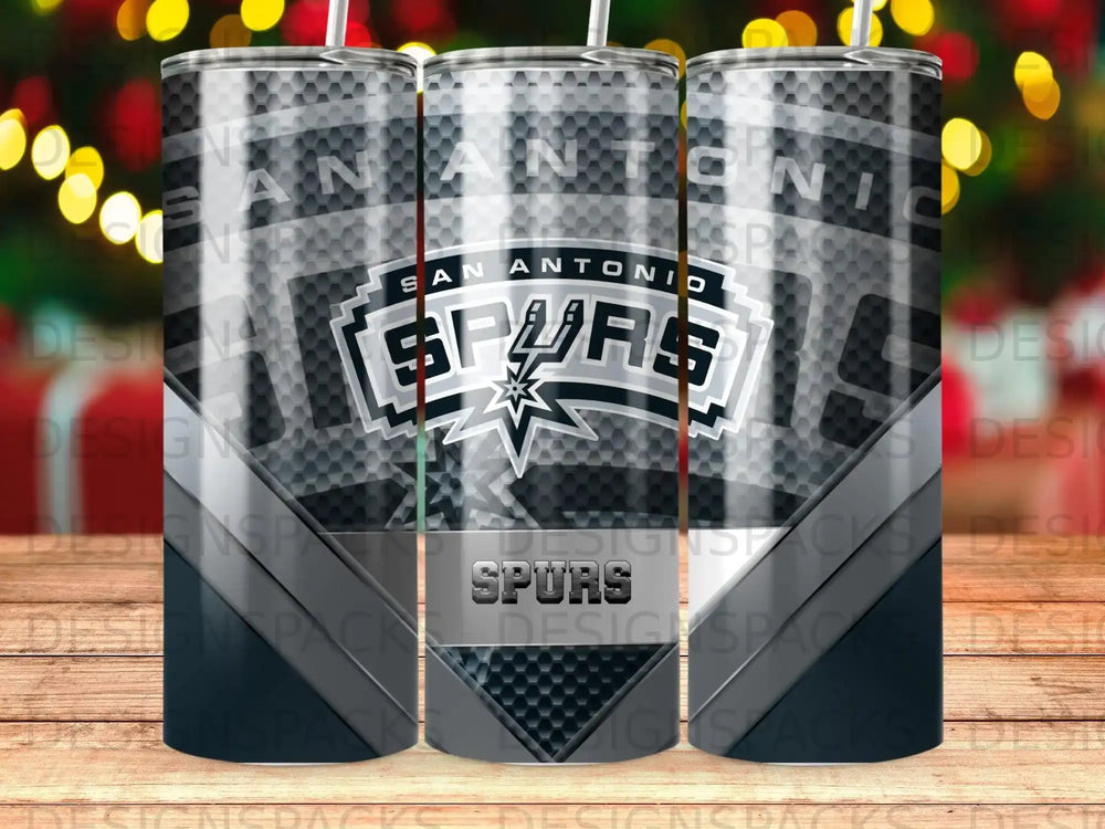 San Antonio Spurs logo on a patterned tumbler.