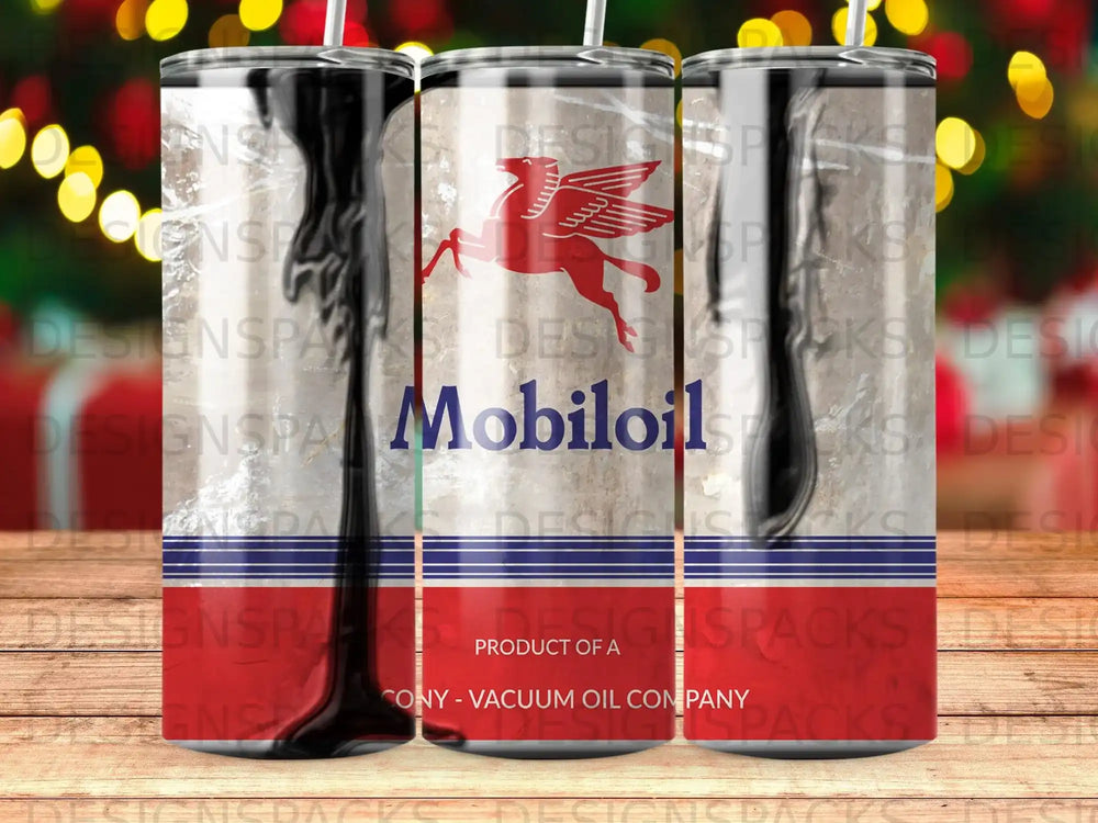 Mobilol vacuum oil company tumbler with red horse logo.