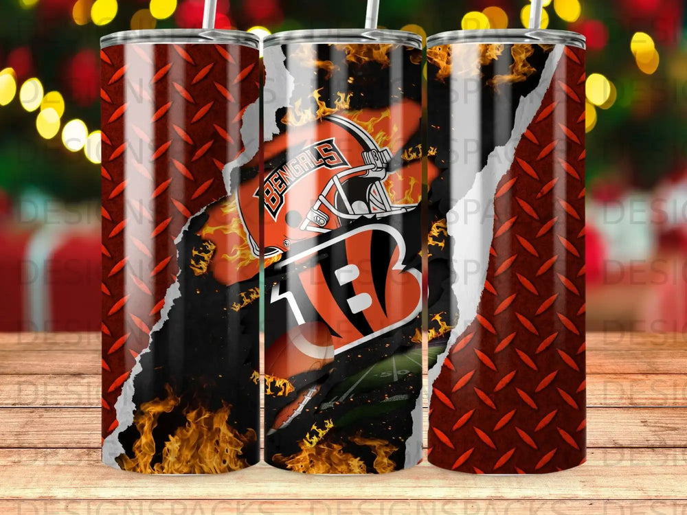 Cincinnati Bengals helmet with fiery accents and diamond plate texture.