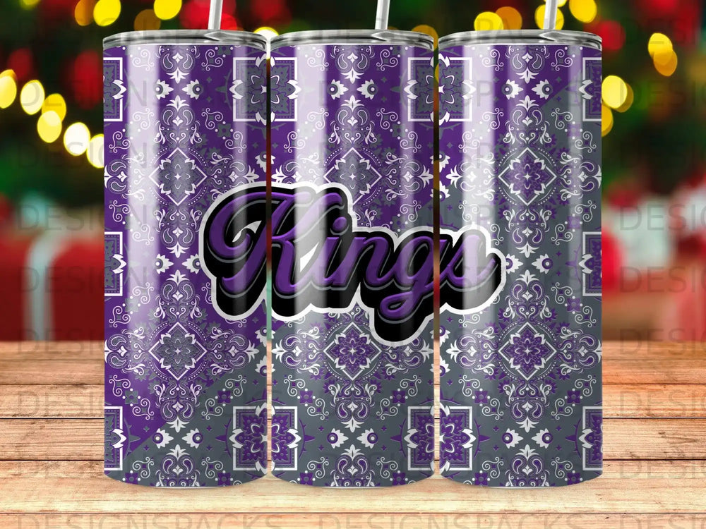 Purple tumbler with "Kings" text and ornate damask pattern.
