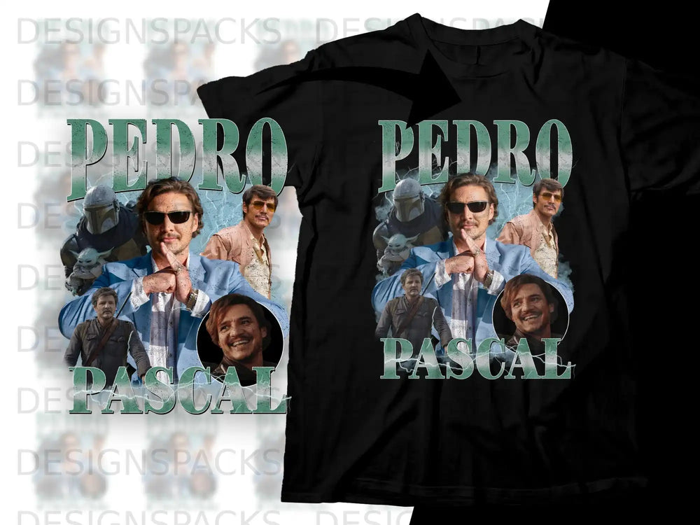 Black t-shirt with "PEDRO PASCAL" and collage of actor Pedro Pascal.