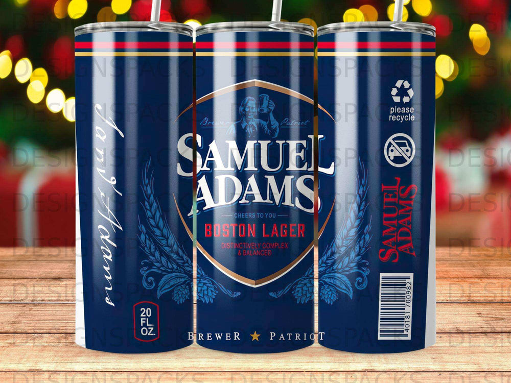 Samuel Adams Boston Lager tumbler with red, white, and blue design.
