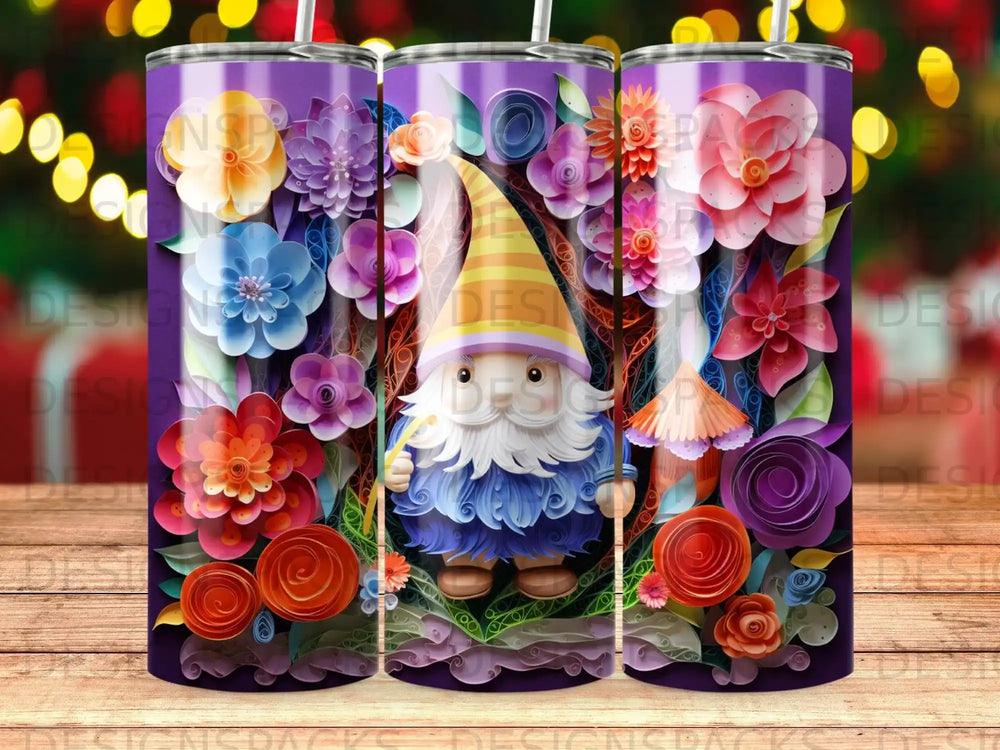Gnome with colorful flowers and leaves on a purple tumbler pattern.
