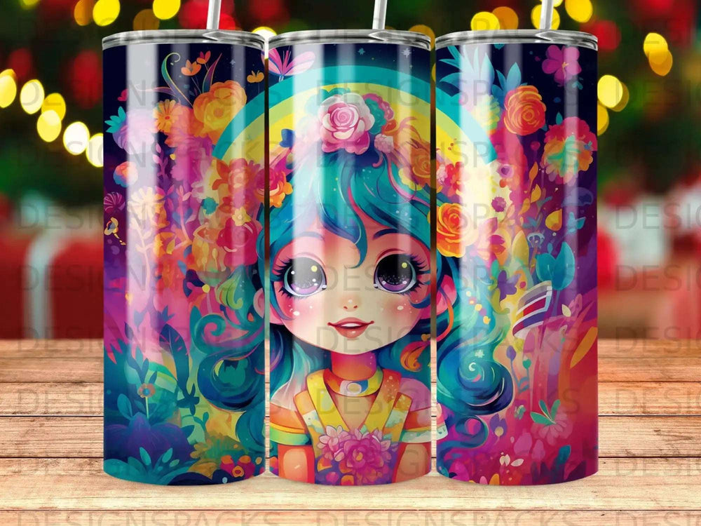 Vibrant cartoon girl with rainbow hair and floral accents on a tumbler.