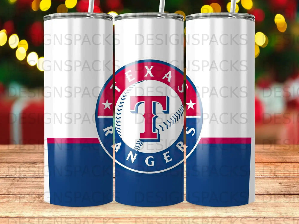 Texas Rangers baseball team logo on a blue and white tumbler.