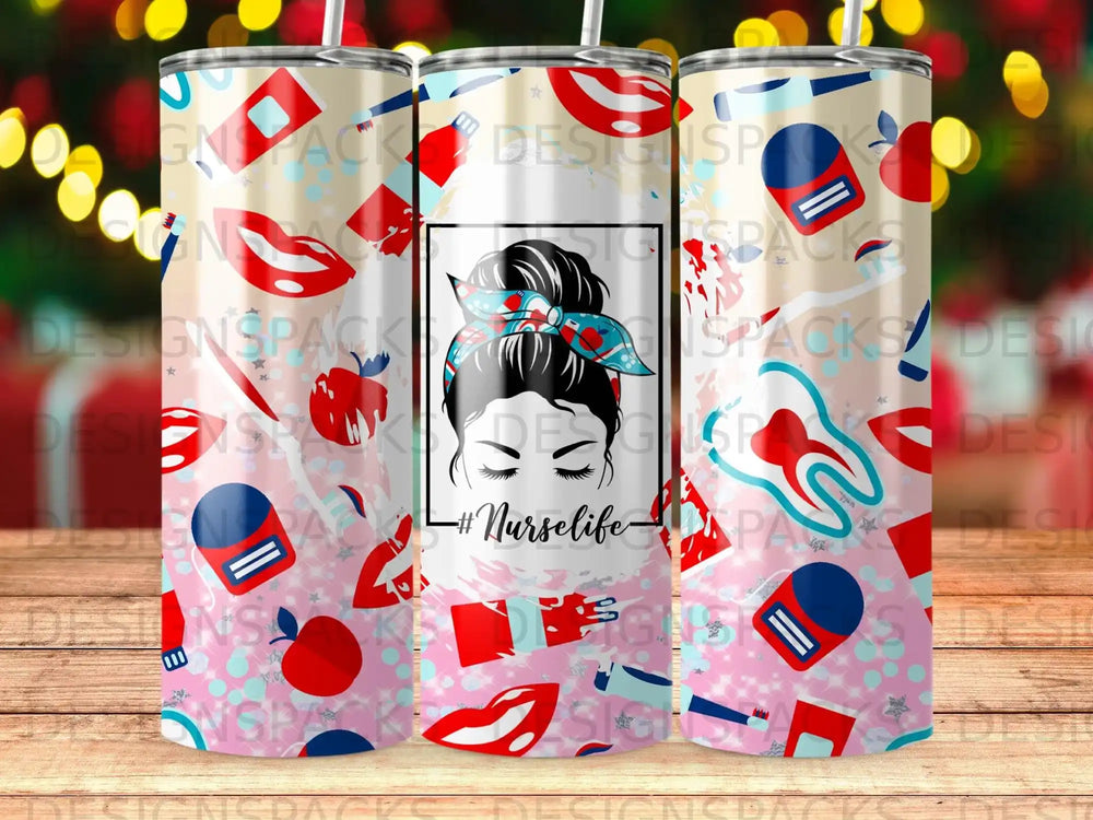 Nurse with bandana and lipstick, abstract background with medical and cosmetic elements.