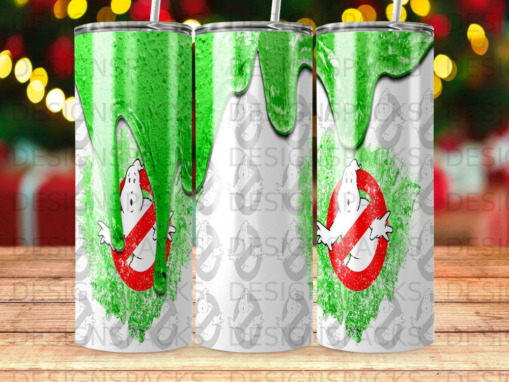 Ghostbusters logo with dripping green slime on a tumbler.