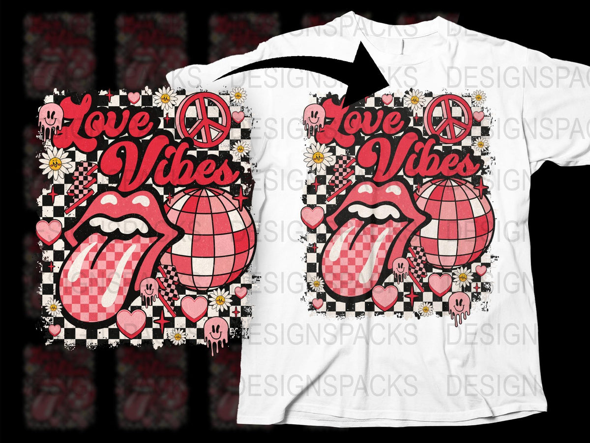 Retro Love Vibes T-Shirt, Rolling Tongue, Peace Sign, Daisy Floral, Checkered Pattern, Unisex Fashion Tee