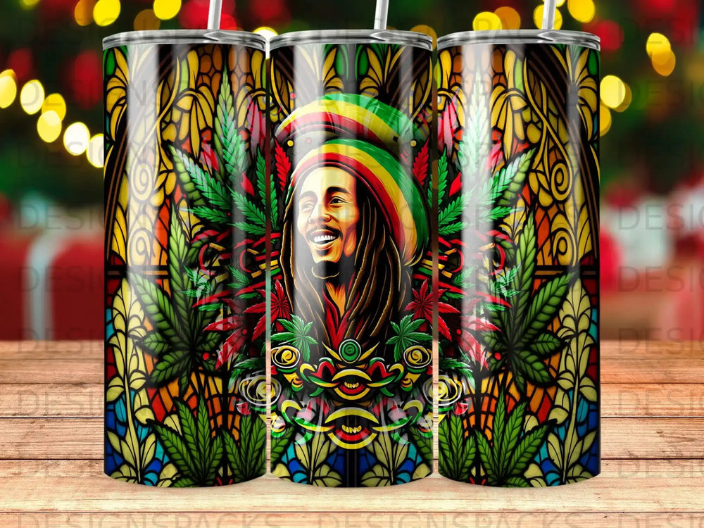 Bob Marley portrait with cannabis leaves and stained glass pattern.