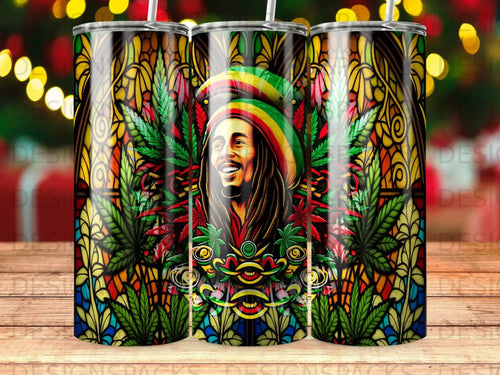 Bob Marley portrait with cannabis leaves and stained glass pattern.