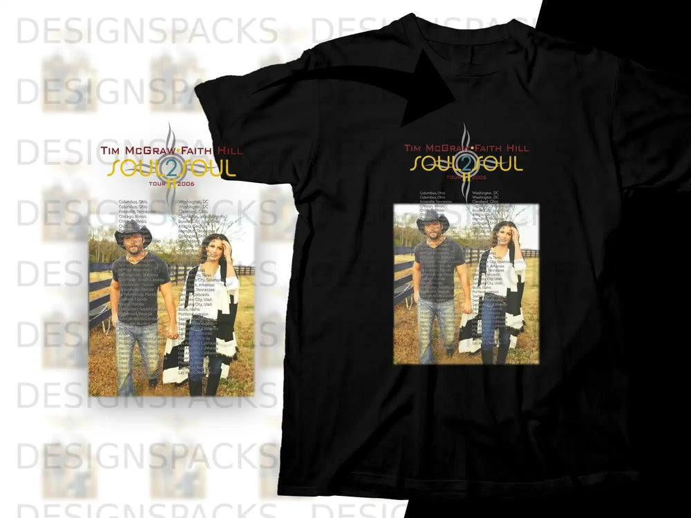 Black T-shirt for Tim McGraw and Faith Hill Soul2Soul Tour 2006 with city list.