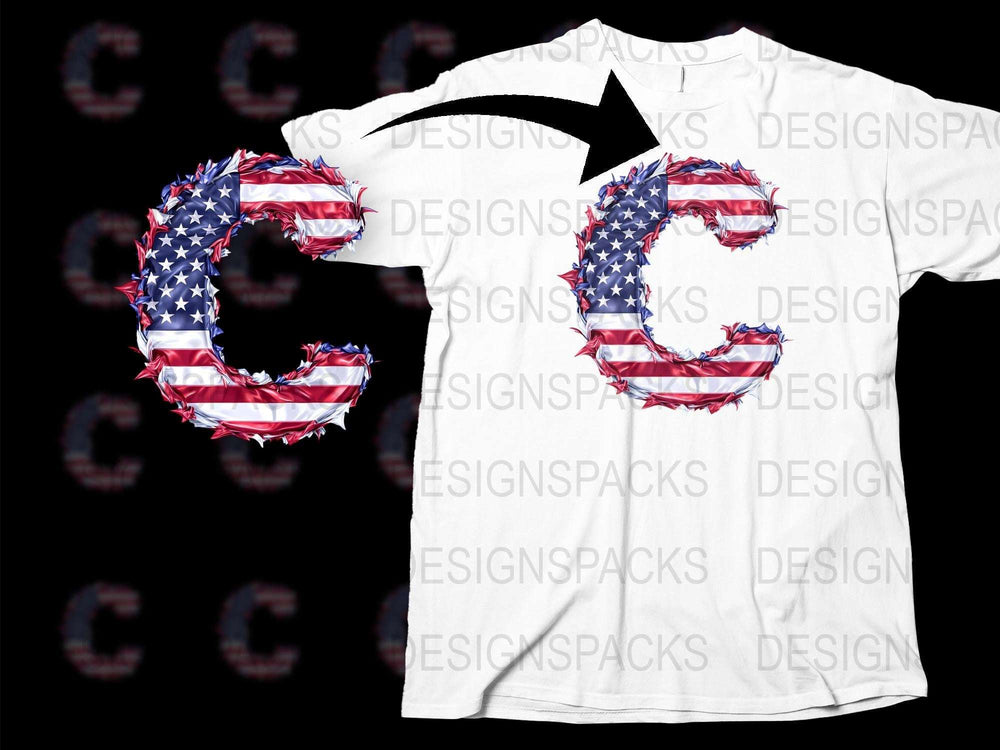 Patriotic USA Flag Letter C T-Shirt, American Flag Print, Unique Graphic Tee, Unisex Fashion Top