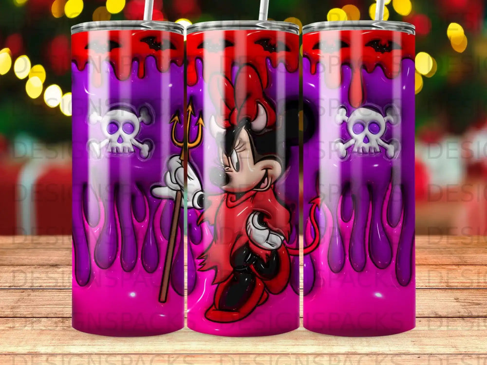 Minnie Mouse in devil costume with skulls and flames pattern.