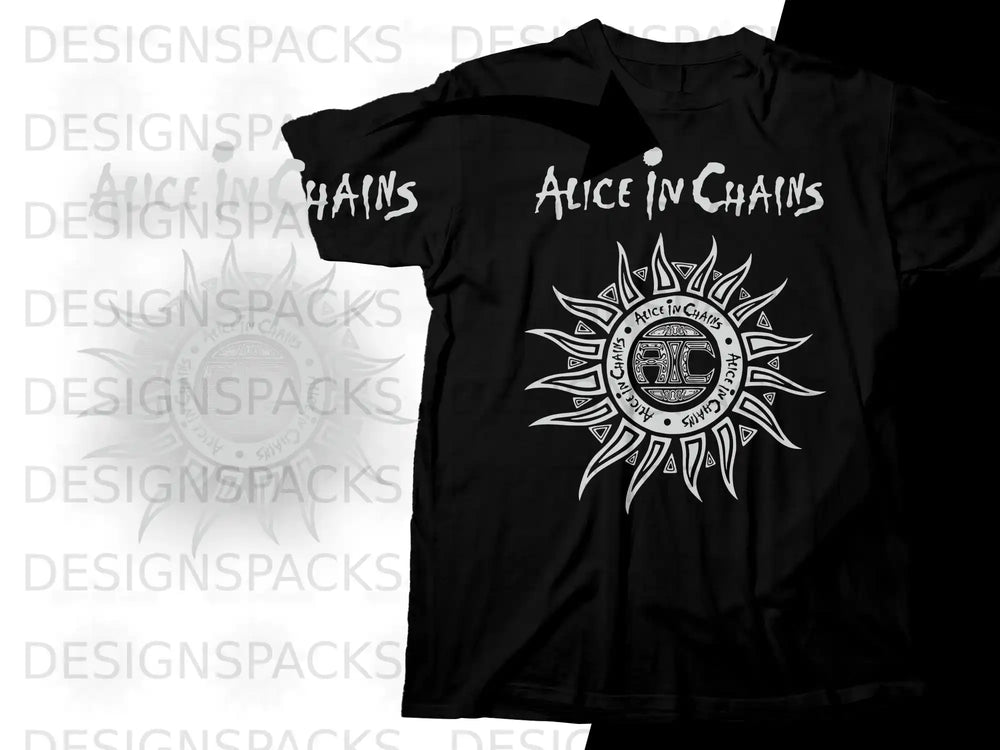 Black t-shirt with white Alice in Chains logo featuring a sun and chain design.