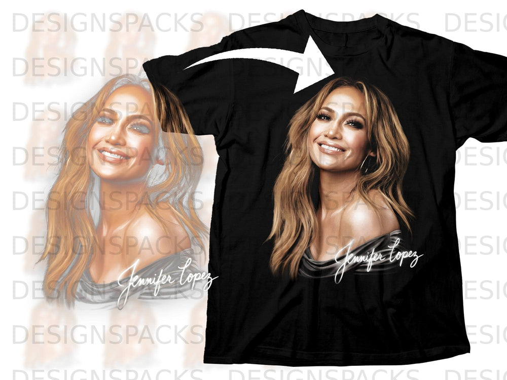 Black t-shirt with Jennifer Lopez portrait and signature graphic.