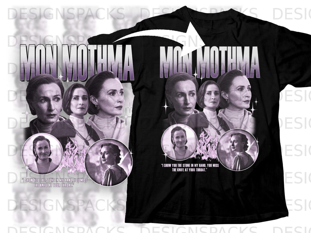 Mon Mothma graphic on a black t-shirt with character portraits and quote.