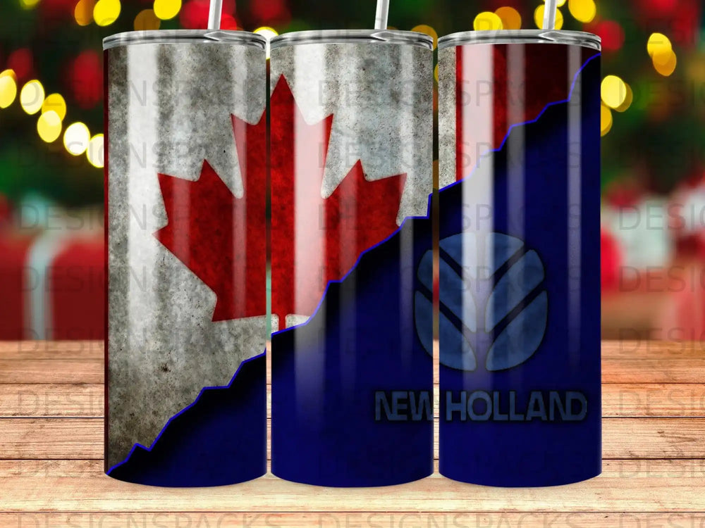 Canada flag and New Holland logo on a textured tumbler.