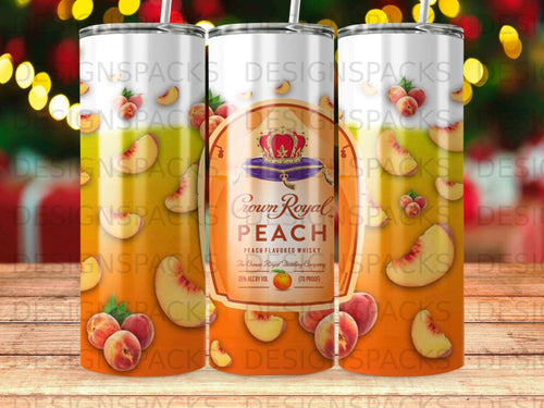 Crown Royal Peach whiskey bottle with fruit and logo on a patterned background.
