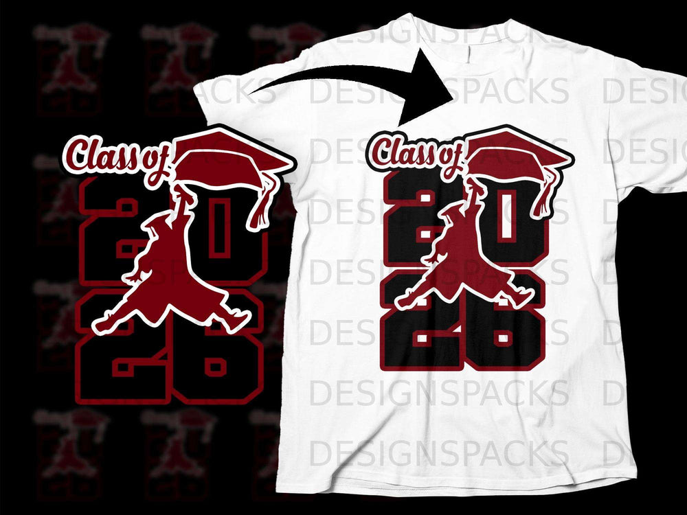 "Class of 2026" graphic with graduation cap and silhouette on a white t-shirt.