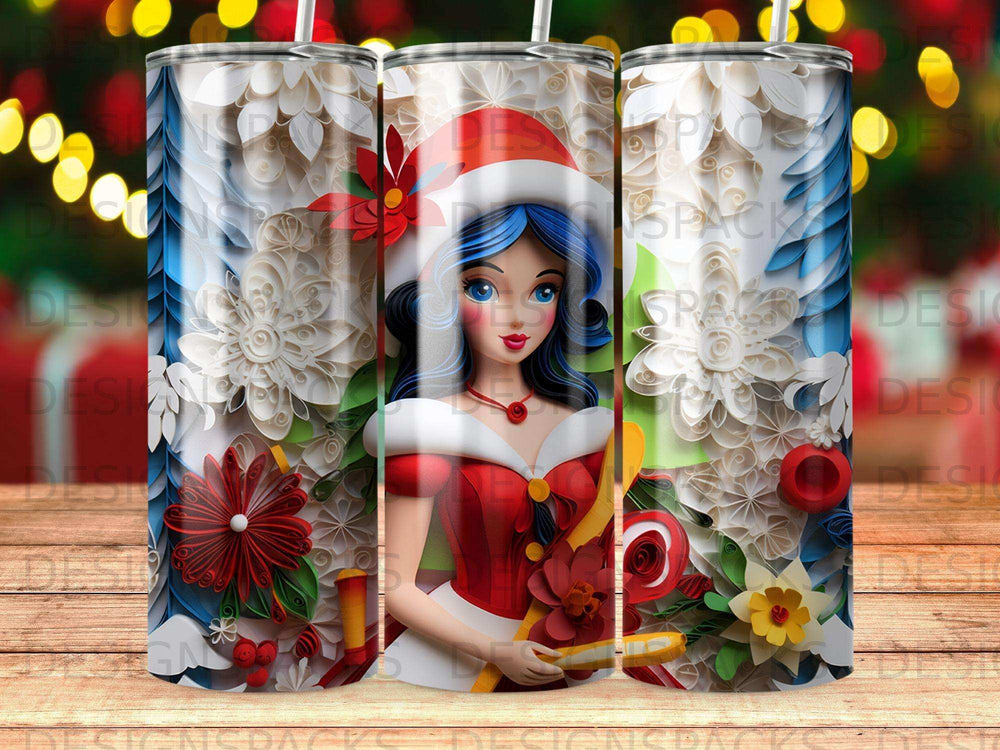 Christmas tumbler with woman in red Santa-style dress, festive paper flowers.