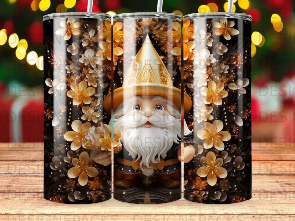 Gnome holding flower bouquet on dark floral background with bokeh lights.