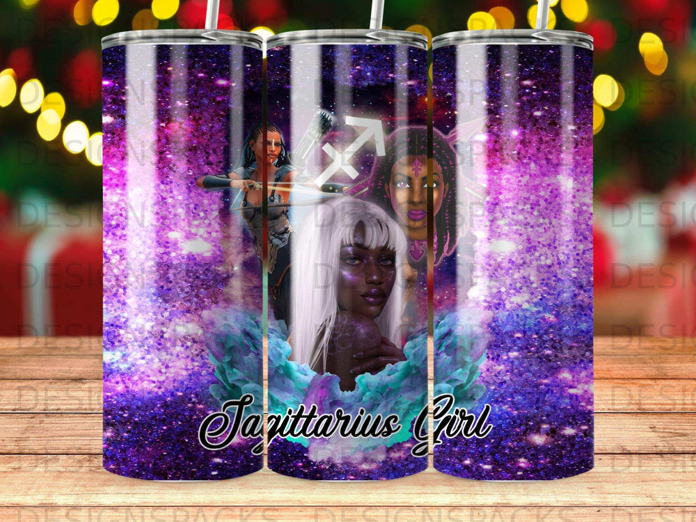 Tumbler wrap with Sagittarius girl, astrological symbols, and glittery purple background.