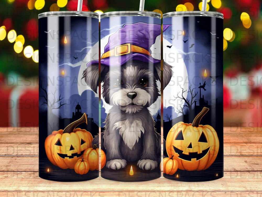 Black dog in witch hat with pumpkins and spooky moonlit scene.