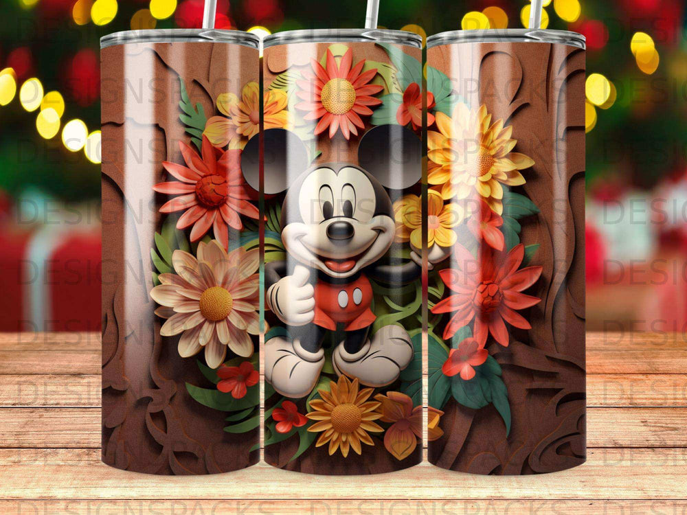 Mickey Mouse with colorful flowers on a tumbler.
