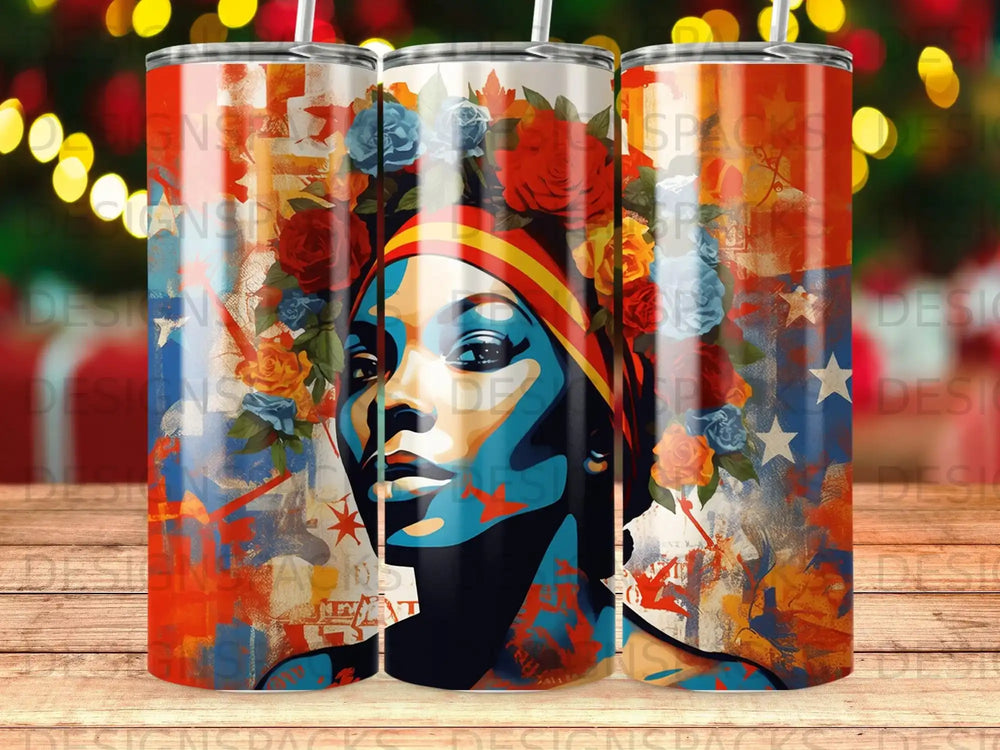 Abstract portrait of a woman with floral headpiece and stars on a tumbler.