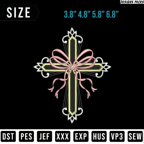 Decorative cross embroidery design with bow, available in multiple sizes.