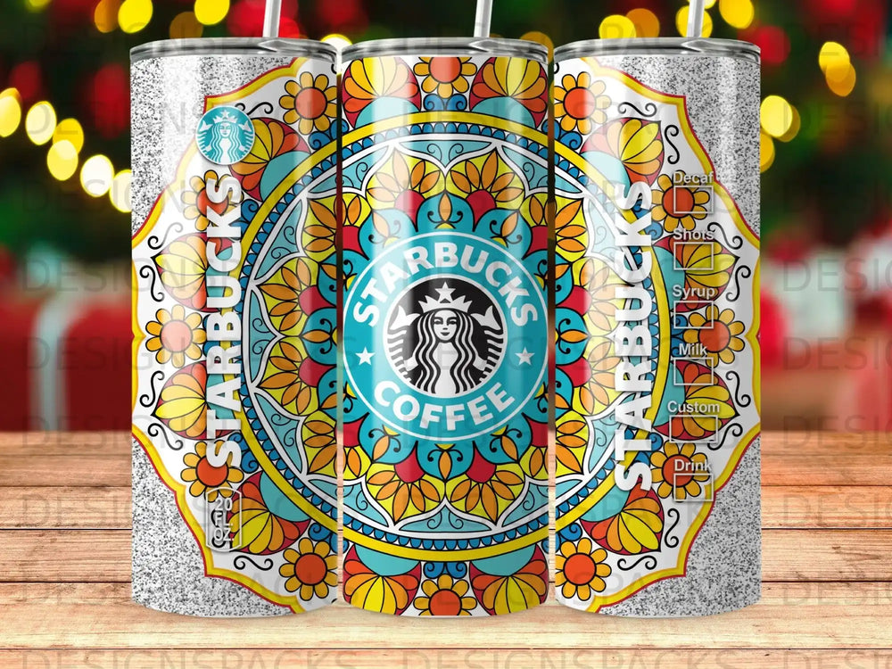Starbucks tumbler with a colorful mandala design and coffee drink options.