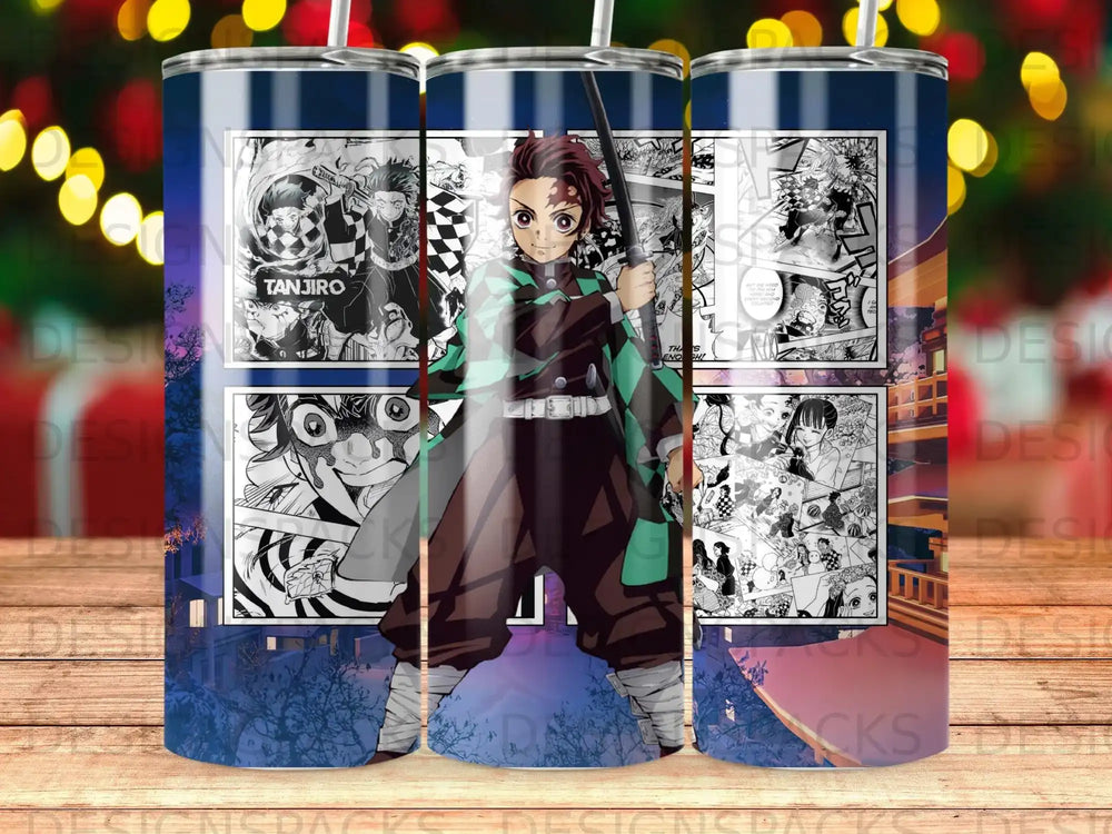 Tanjiro from Demon Slayer anime art on a tumbler with manga panels.