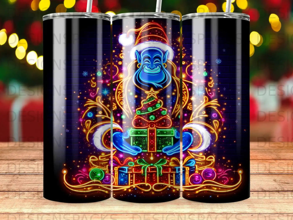 Genie in a Santa hat holds a glowing gift box with a Christmas tree, surrounded by neon lights.