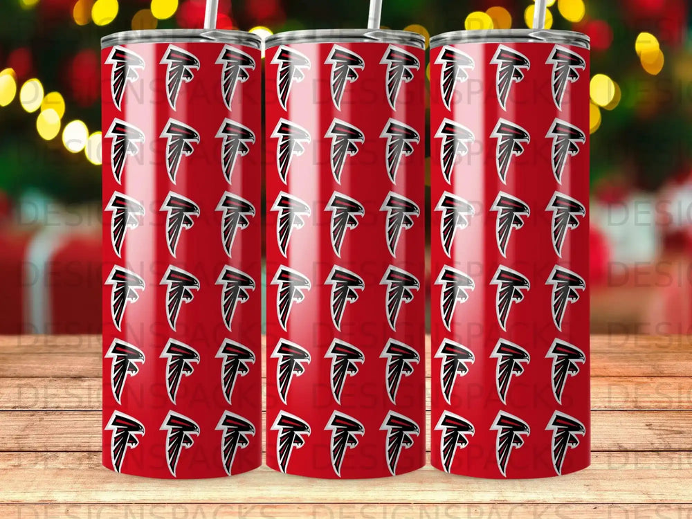 Red tumbler with repeating black and white falcon logo.