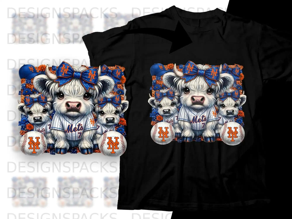 New York Mets cows with baseballs and bows on black t-shirt.