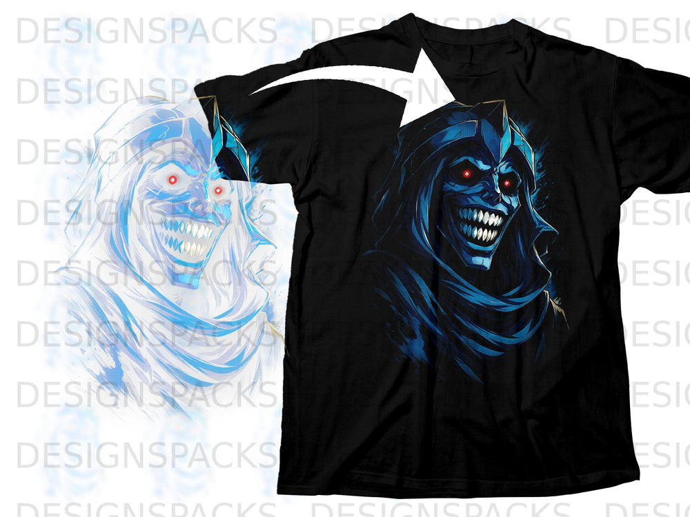 Black t-shirt featuring a blue, grimacing character with red eyes.