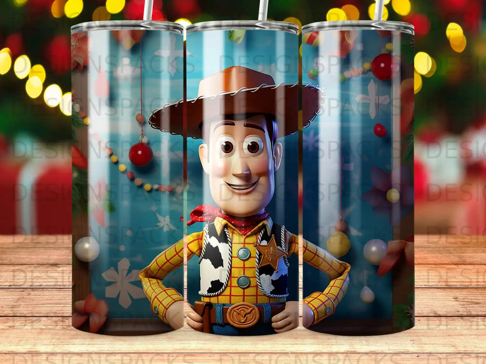 Woody from Toy Story wearing his cowboy outfit, against a Christmas-themed background.
