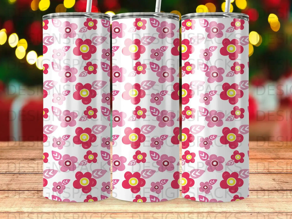 Pink floral pattern on a white background, three tumblers across.