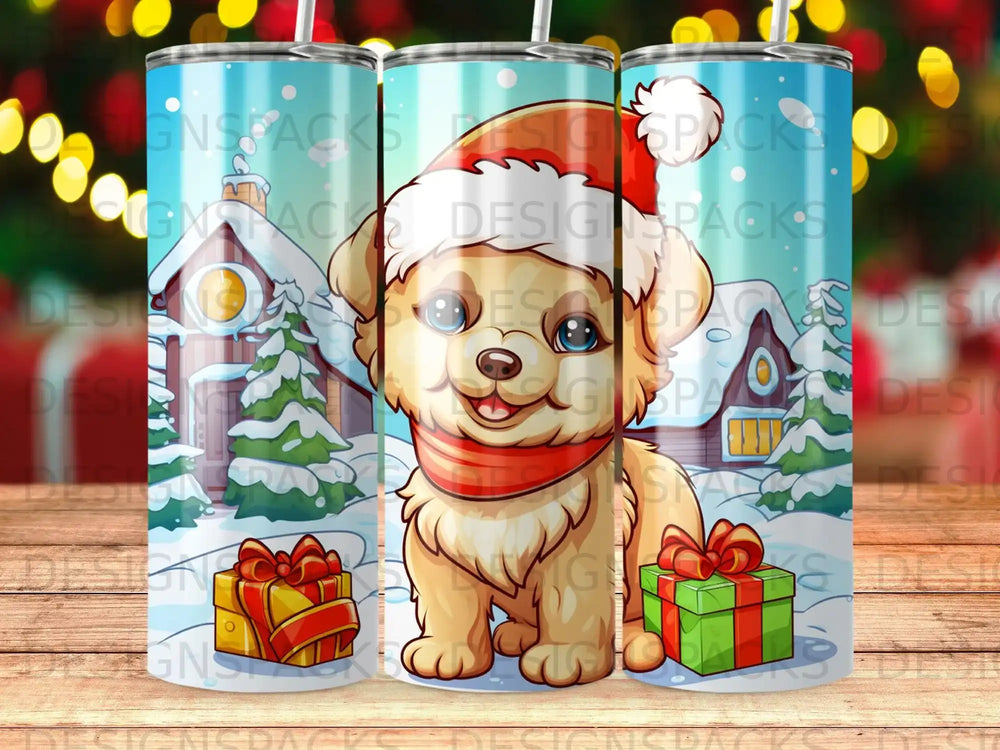 Golden puppy in Santa hat and scarf with presents and snowy village.