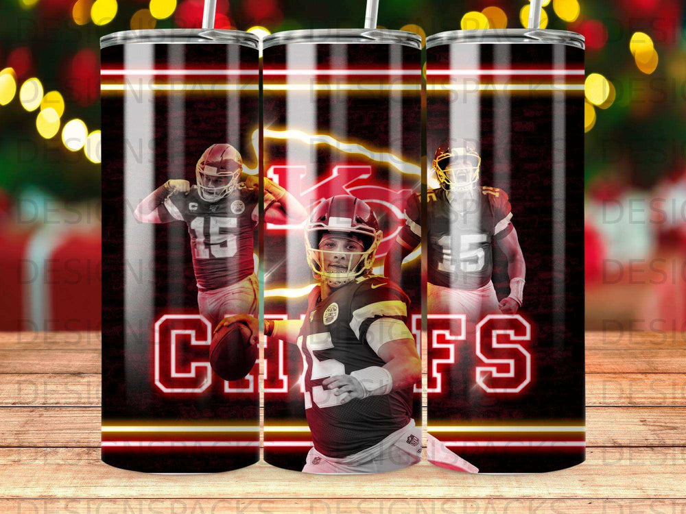 Kansas City Chiefs player Patrick Mahomes in uniform on a tumbler.