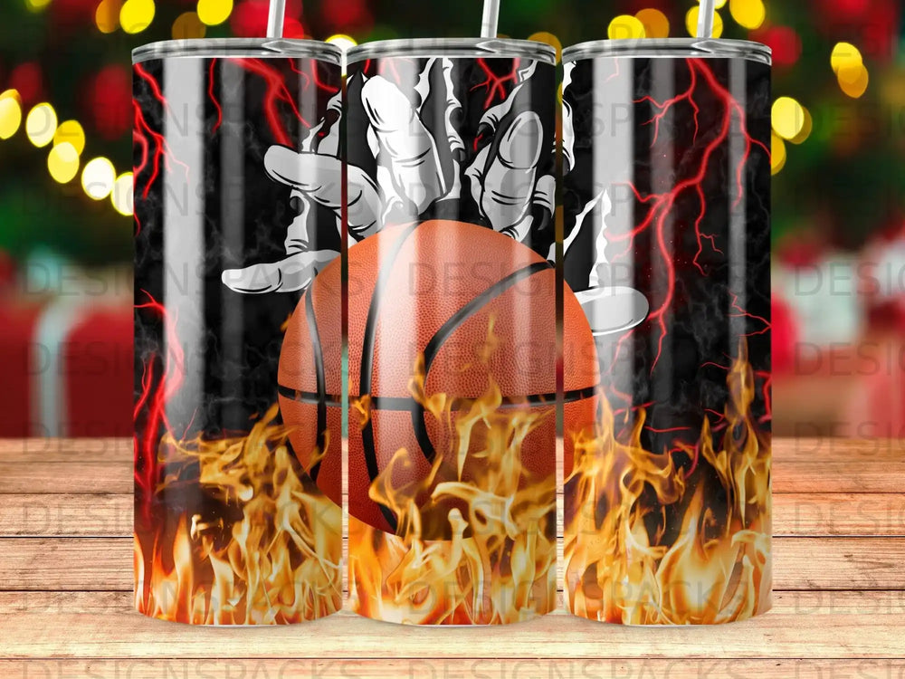 Basketball with fiery flames and lightning bolts.