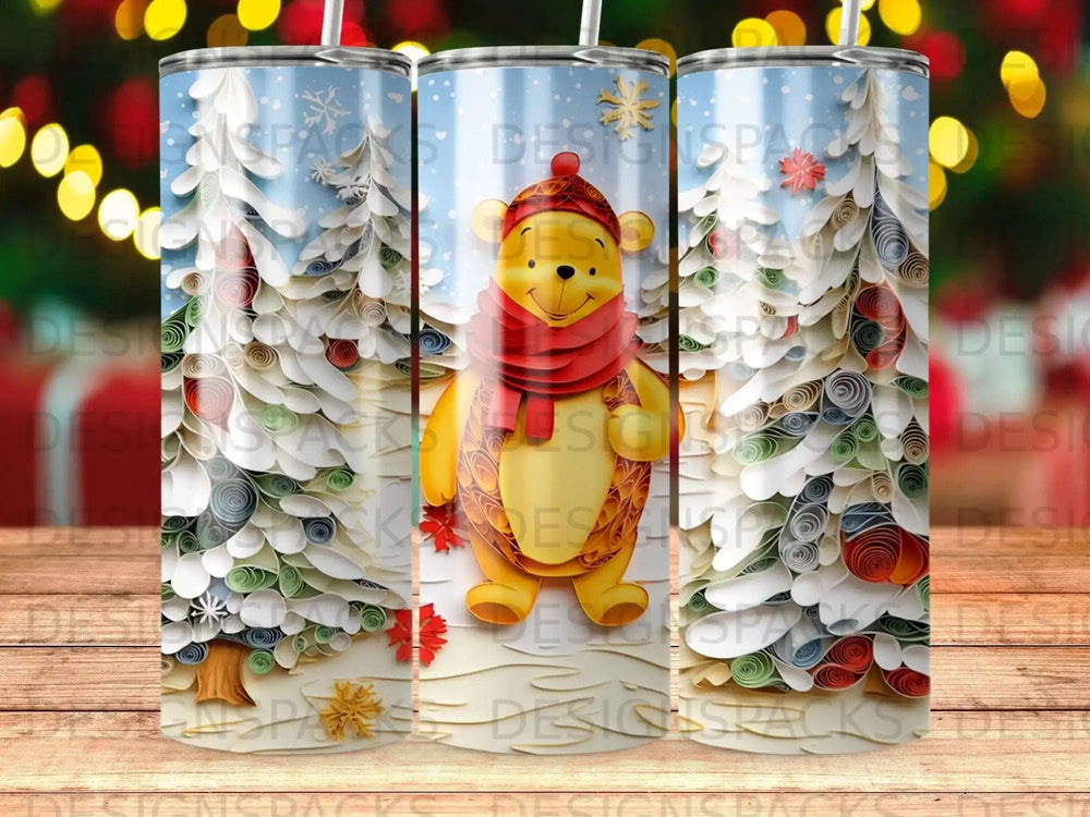 Winnie the Pooh in a scarf standing beside rolled paper trees.