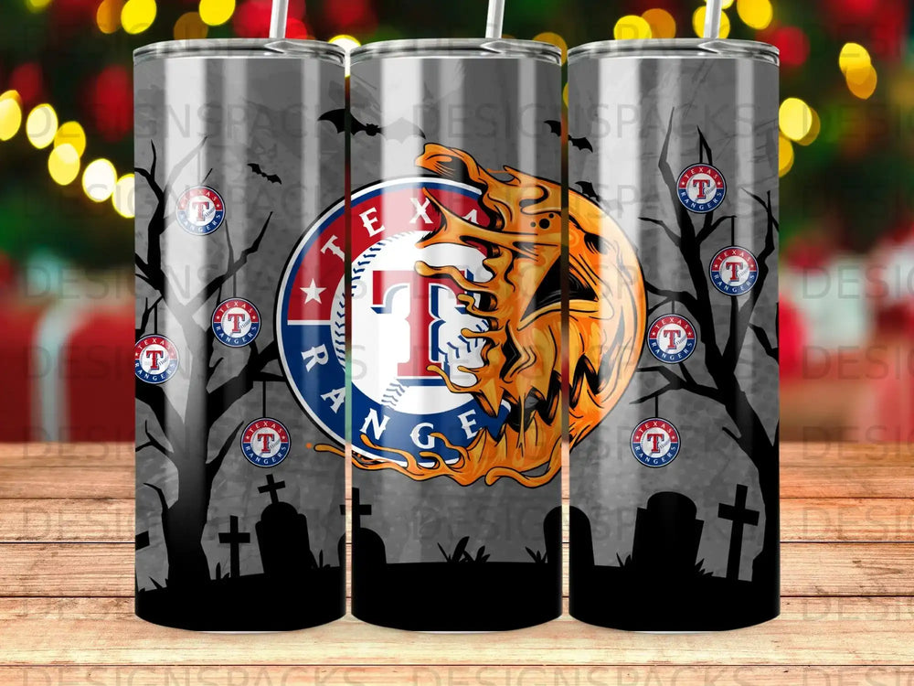 Texas Rangers Halloween tumbler with bats and tombstones.