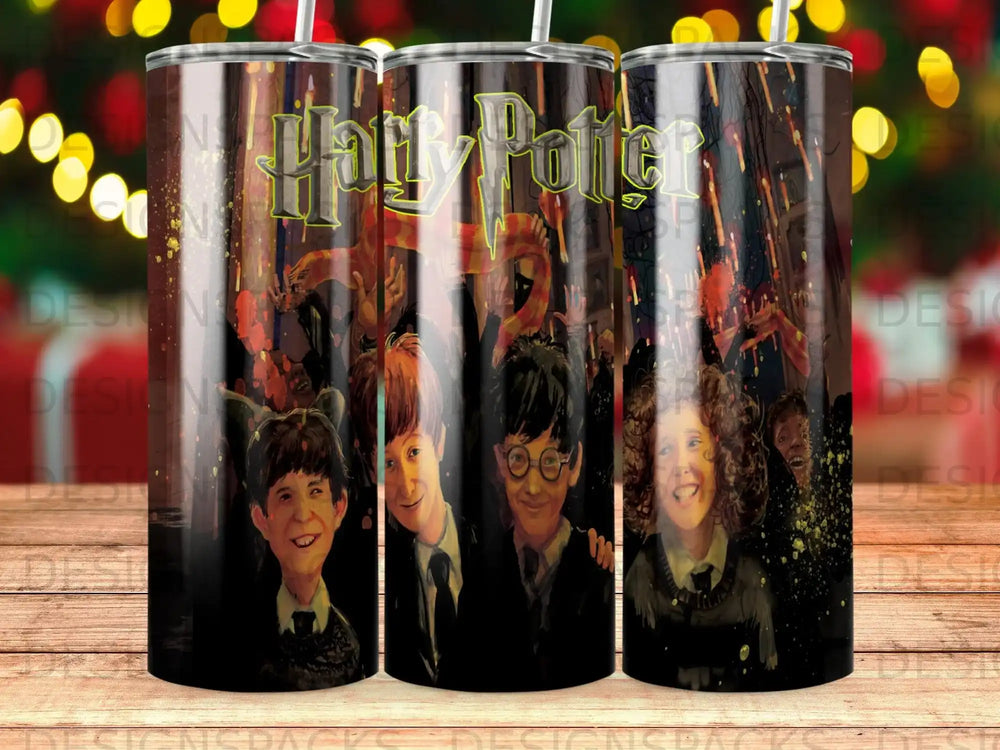 Harry Potter characters Harry, Ron, and Hermione on a tumbler.