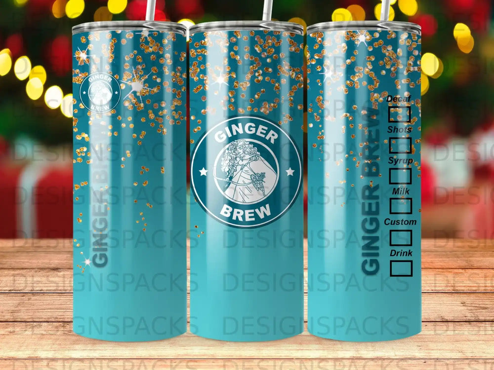 Blue tumbler with ginger brew graphic and gold glitter.