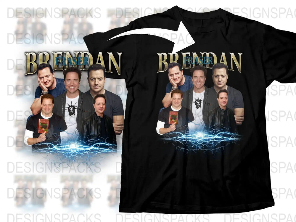 Brendan Fraser Fan T-Shirt, Multiple Poses Graphic Tee, Lightning Effect, Casual Wear