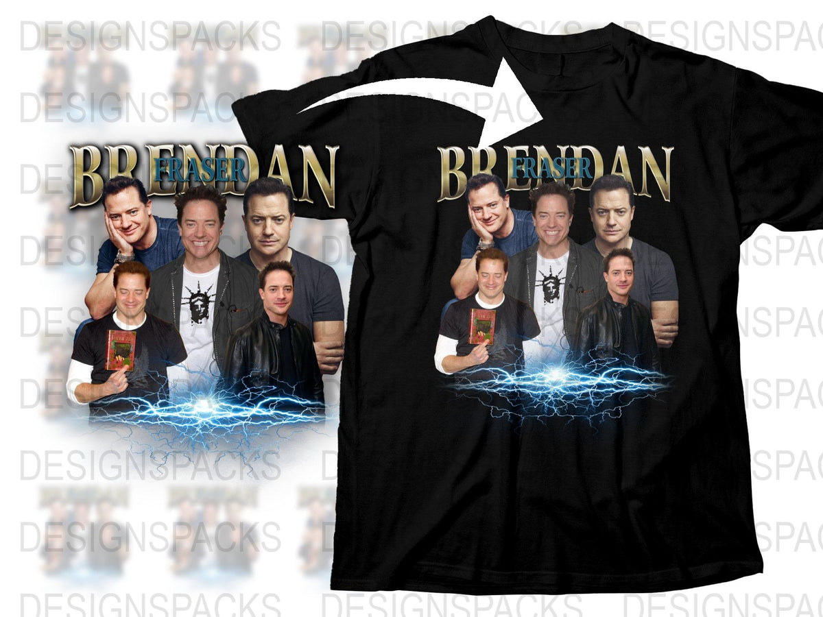 Brendan Fraser Fan T-Shirt, Multiple Poses Graphic Tee, Lightning Effect, Casual Wear