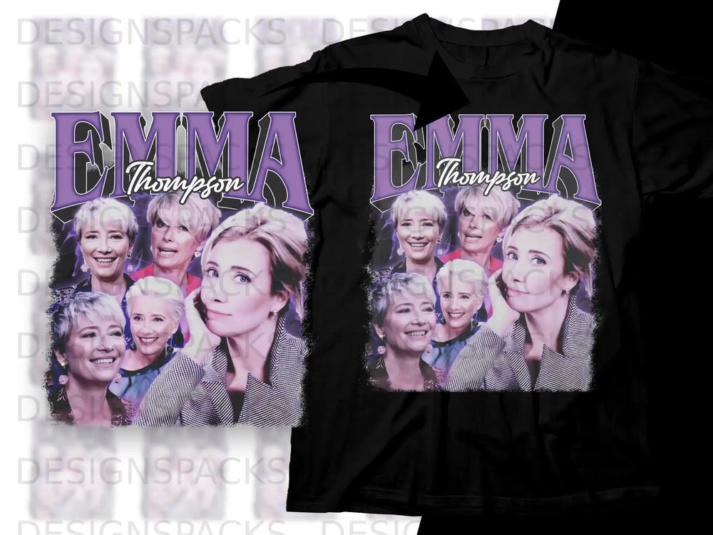 Collage of Emma Thompson in various poses on a black t-shirt.